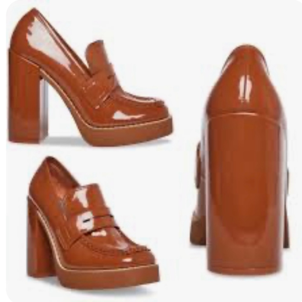 STEVE MADDEN Randy Cognac Brown Patent Platform Heel Loafer size 8 NEW